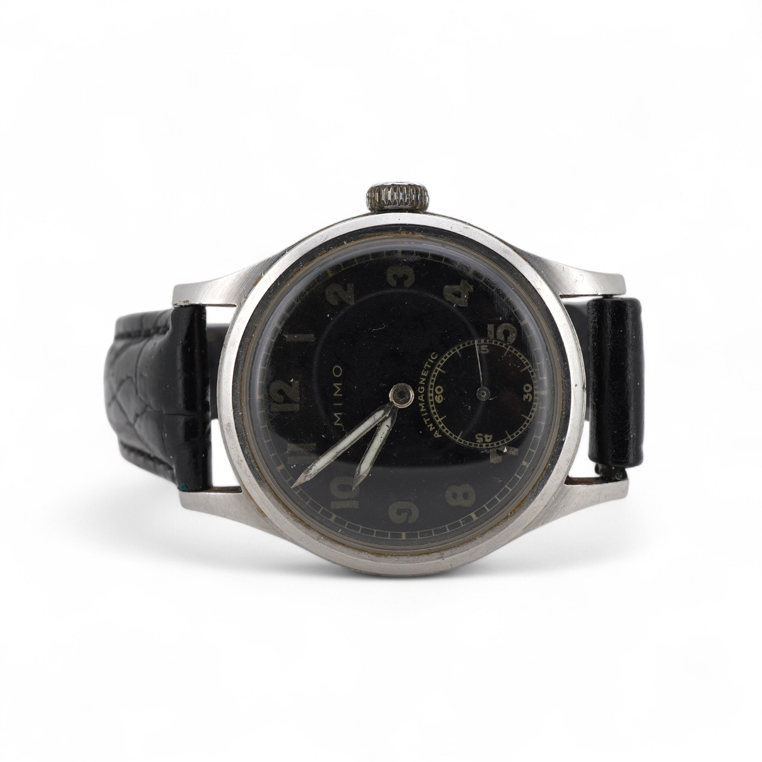 A gentleman's mid 20th century steel Mimo manual wind wrist watch, with black Arabic dial and subsidiary seconds, case diameter 35mm, on a later associated leather strap.
